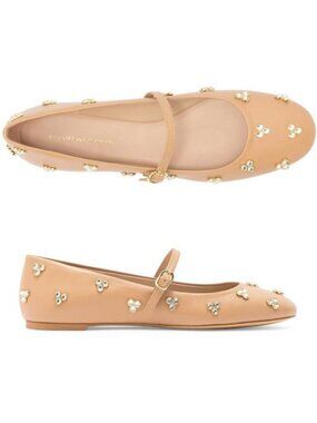 Stuart Weitzman Tammy  Crystal-Embellished Mary Janes Flats in Cream Sz 8